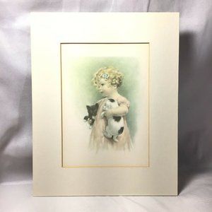 Bessie Pease Gutmann FRIENDLY ENEMIES 7x5 Girl Dog Cat Matted Lithograph Print
